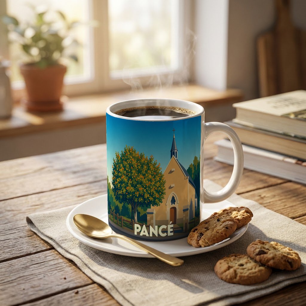 Mug souvenir de la ville de Pancé avec une illustration stylisée d'une église et d'un arbre.