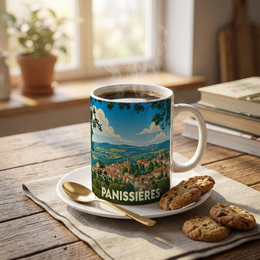Mug souvenir de la ville de Panissières orné d'une illustration stylisée du village et de ses collines.