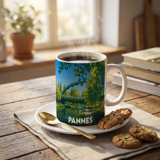 Mug souvenir de la ville de Pannes orné d'une illustration stylisée représentant un pont verdoyant au bord de l'eau.