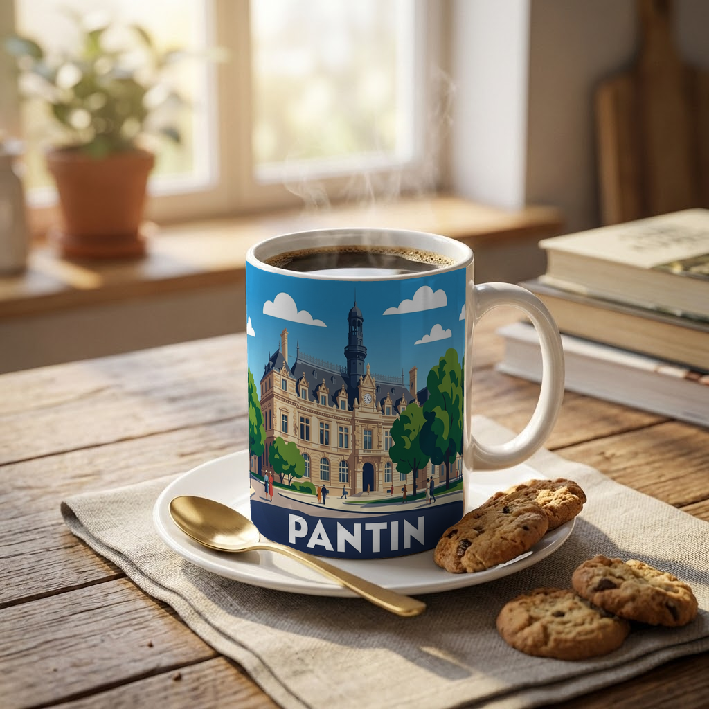 Mug souvenir de la ville de Pantin avec une illustration stylisée.