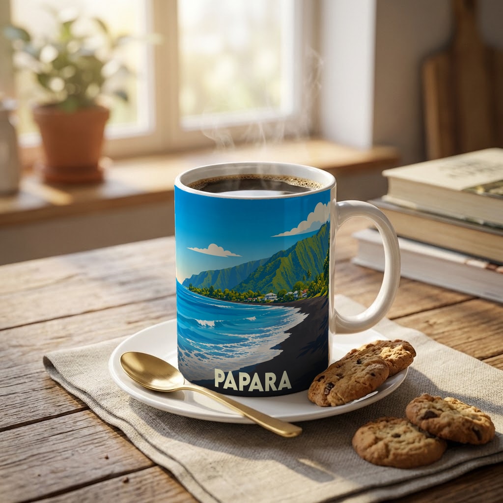 Mug souvenir de la ville de Papara illustré d'un paysage côtier de Tahiti.