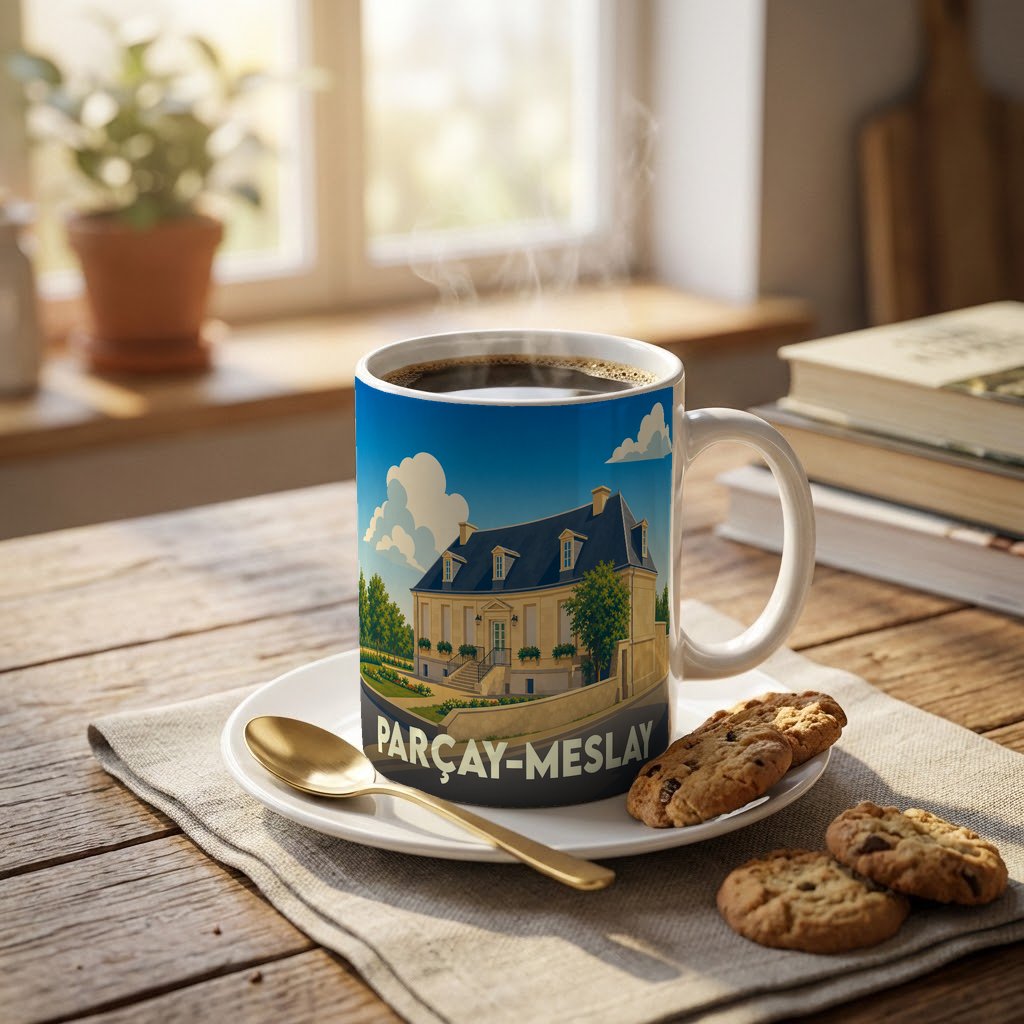 Mug souvenir de la ville de Parçay-Meslay avec une illustration stylisée d'un manoir.