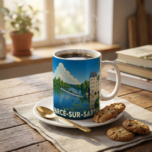 Mug souvenir de la ville de Parcé-sur-Sarthe avec une illustration stylisée de son moulin au bord de l'eau.