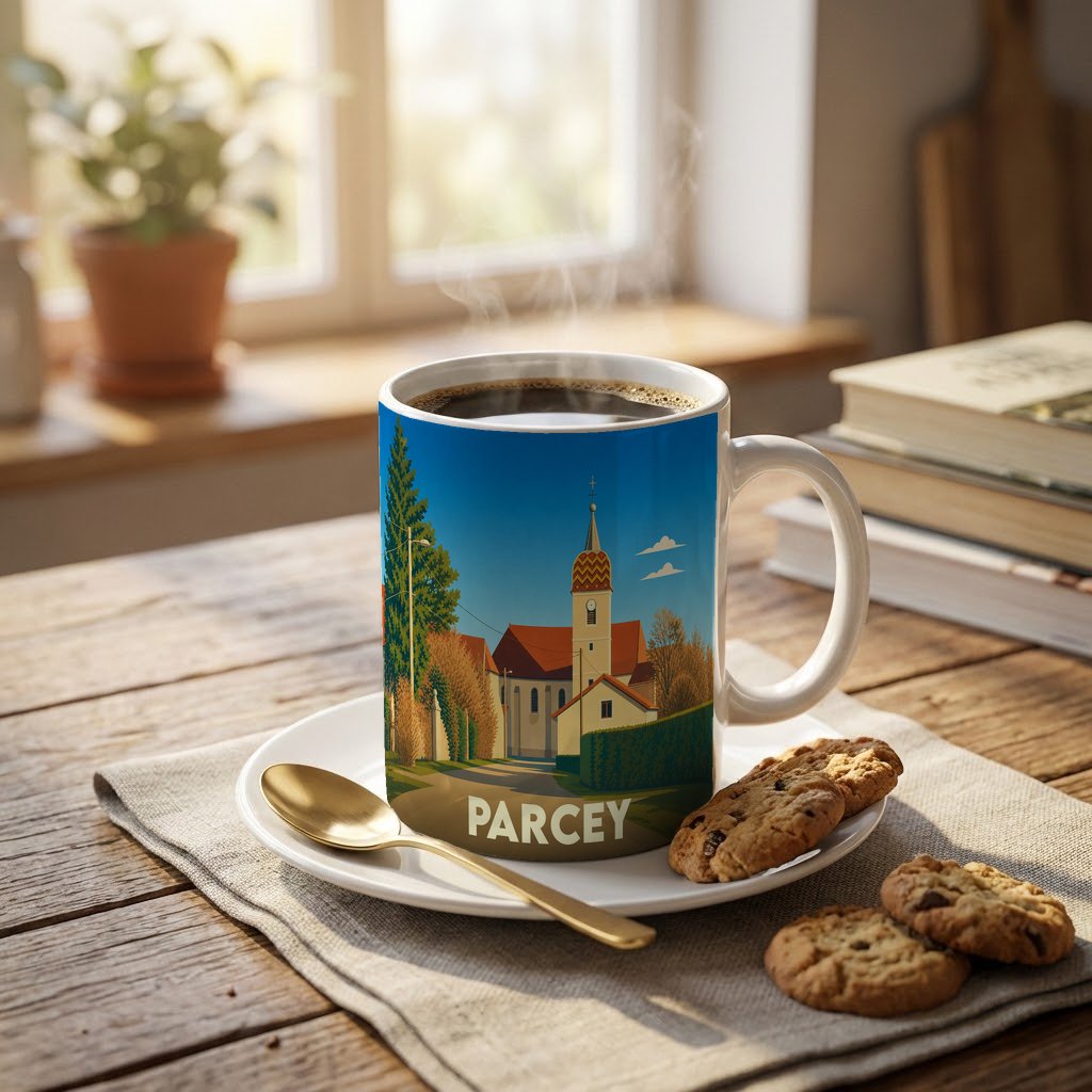Mug souvenir de la ville de Parcey orné d'une illustration stylisée de son église.