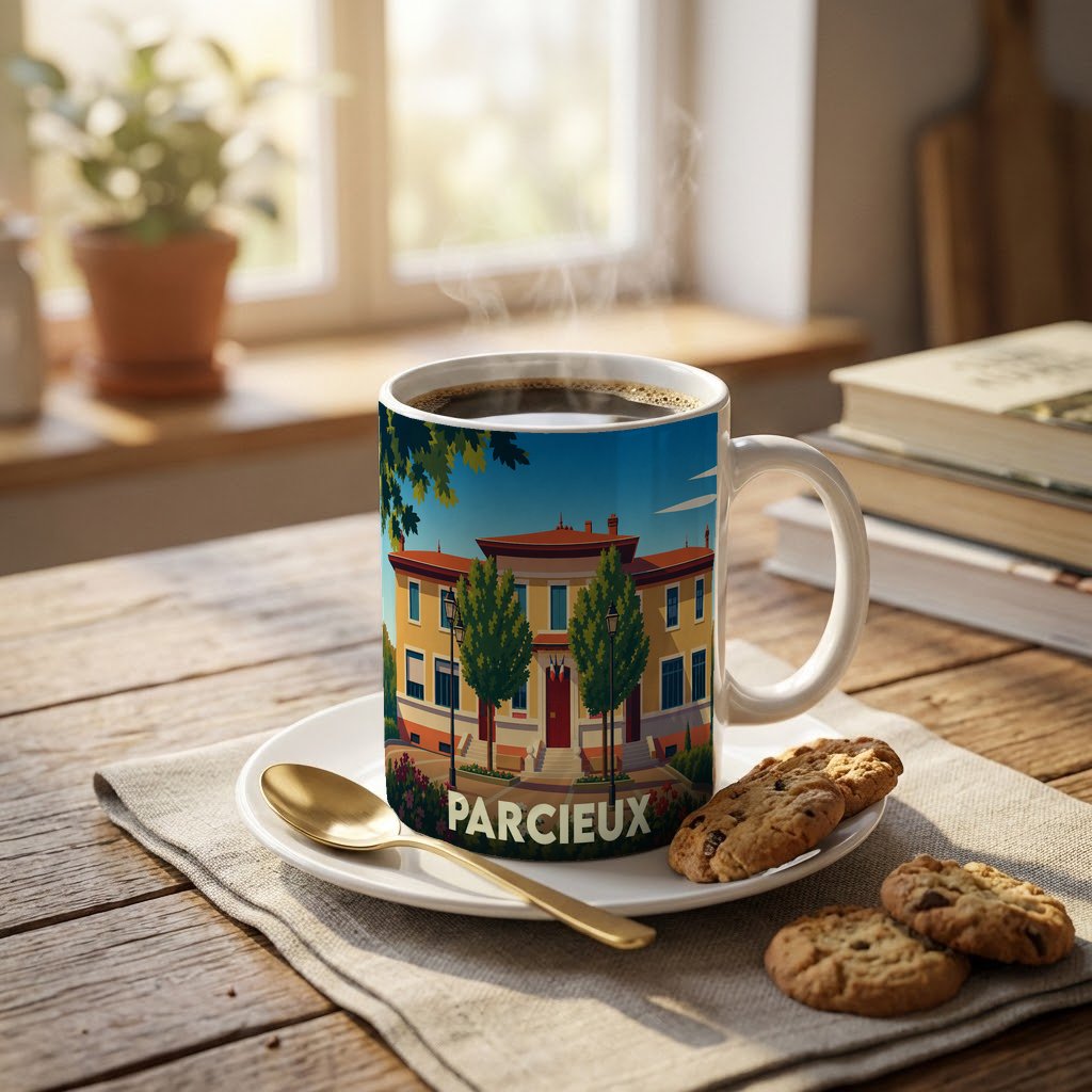 Mug souvenir de la ville de Parcieux orné d'une illustration stylisée de son patrimoine.