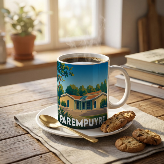 Mug souvenir de la ville de Parempuyre orné d'une illustration stylisée du paysage urbain.