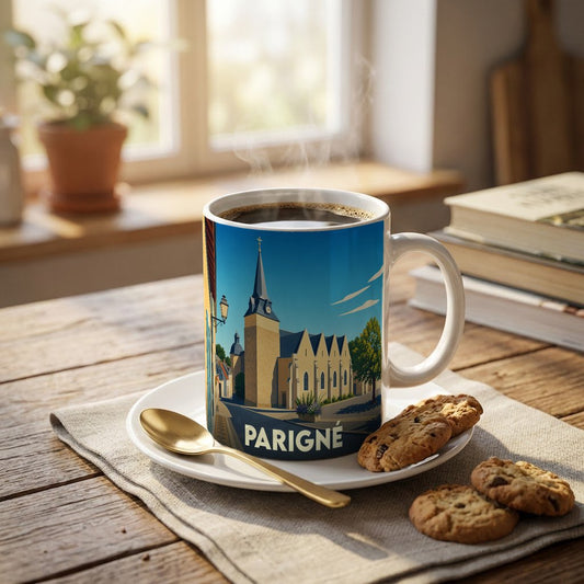 Mug souvenir de la ville de Parigné avec une illustration stylisée de son église.
