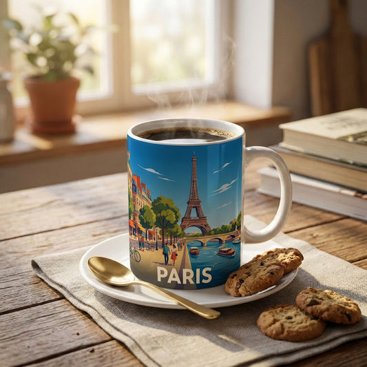 Mug souvenir de la ville de Paris avec une illustration stylisée de la tour Eiffel.