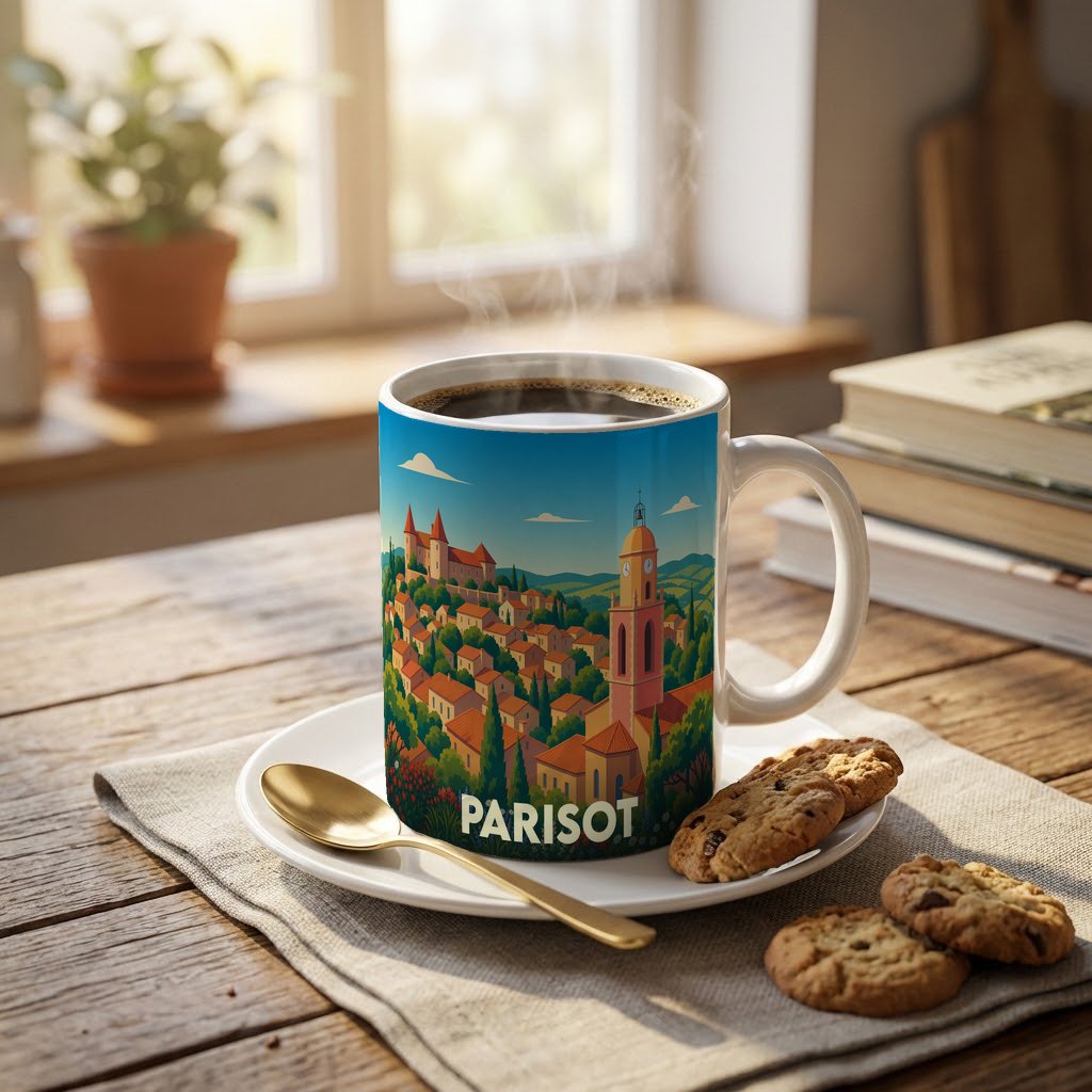 Mug souvenir de la ville de Parisot orné d'une illustration stylisée de son paysage vallonné.