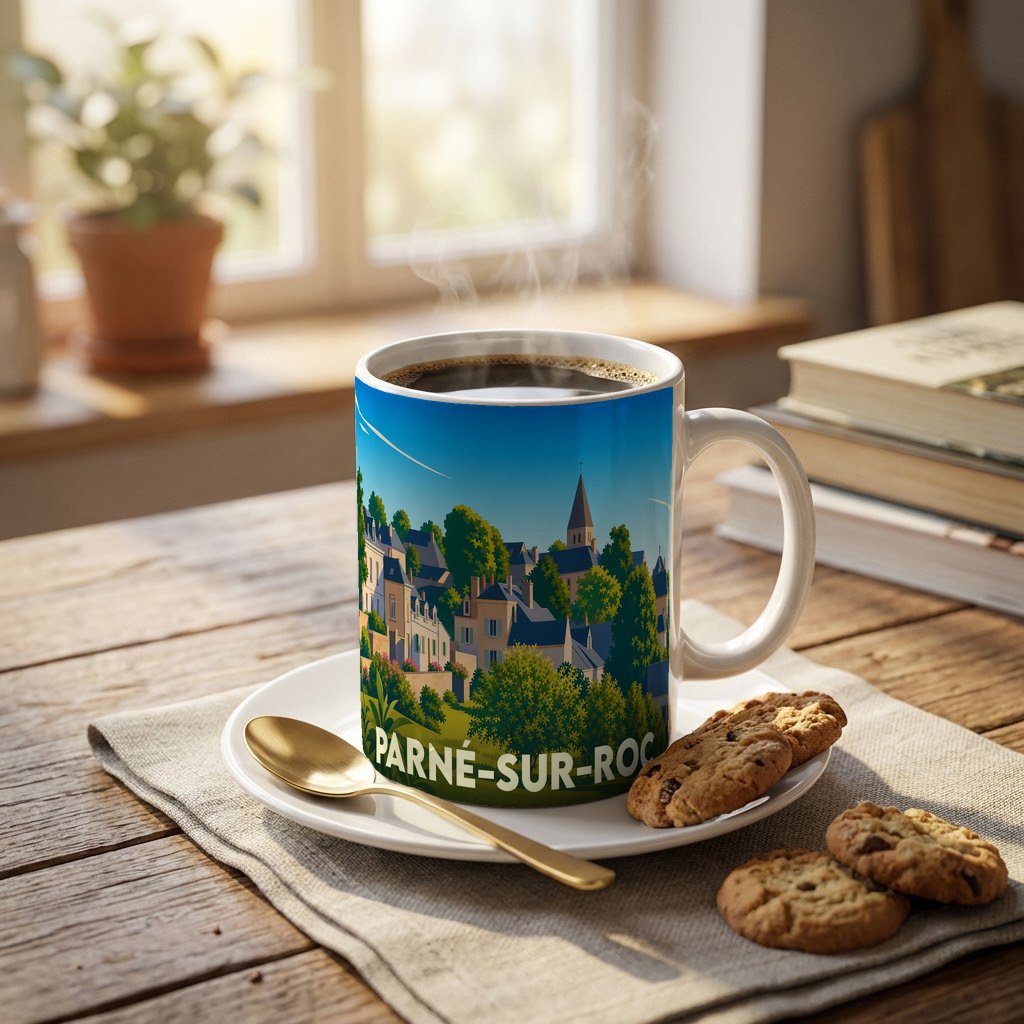 Mug souvenir de la ville de Parné-sur-Roc orné d'une illustration stylisée du village et de son église.