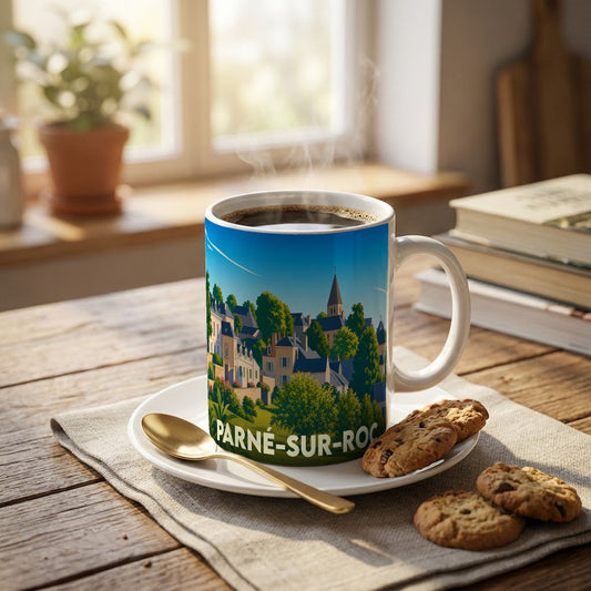 Mug souvenir de la ville de Parné-sur-Roc orné d'une illustration stylisée du village et de son église.