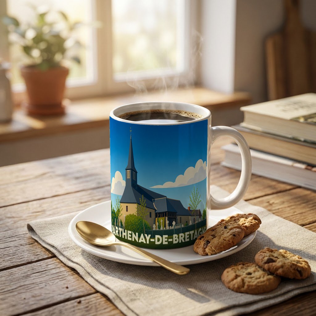 Mug souvenir de la ville de Parthenay-de-Bretagne avec une illustration stylisée de son église.