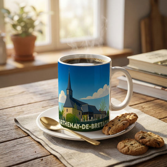 Mug souvenir de la ville de Parthenay-de-Bretagne avec une illustration stylisée de son église.