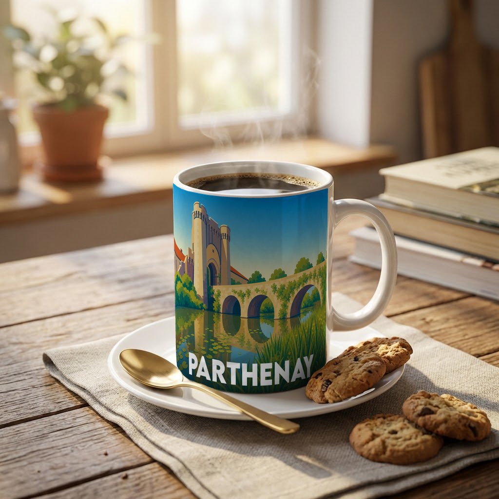 Mug souvenir de la ville de Parthenay avec une illustration stylisée d'un pont médiéval et de son château.