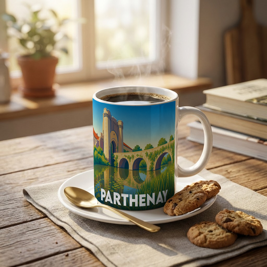 Mug souvenir de la ville de Parthenay avec une illustration stylisée d'un pont médiéval et de son château.