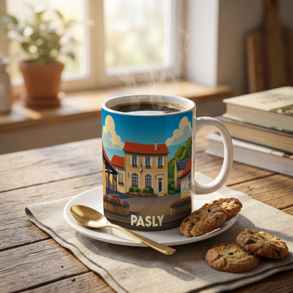 Mug souvenir de la ville de Pasly avec une illustration stylisée d'un paysage urbain.