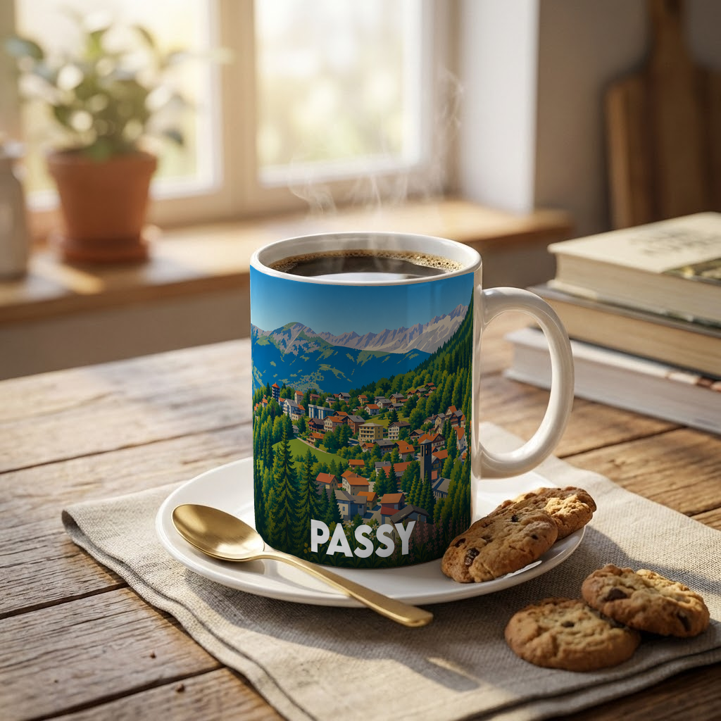 Mug souvenir de la ville de Passy illustré par un paysage de montagne stylisé, posé sur une table avec des biscuits.