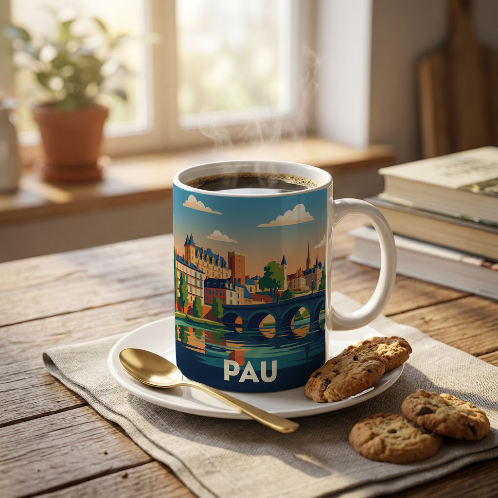 Mug souvenir de la ville de Pau avec une illustration stylisée.