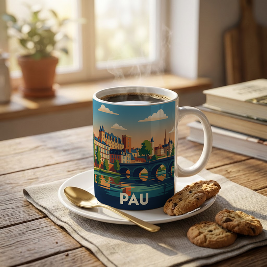 Mug souvenir de la ville de Pau avec une illustration stylisée.