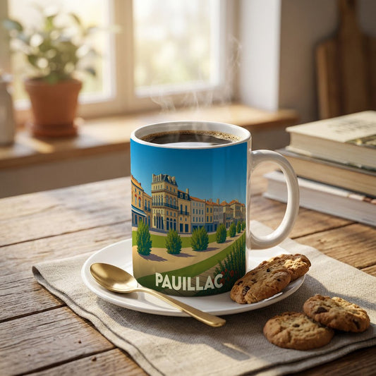 Mug souvenir de la ville de Pauillac avec une illustration stylisée et colorée du front de mer.