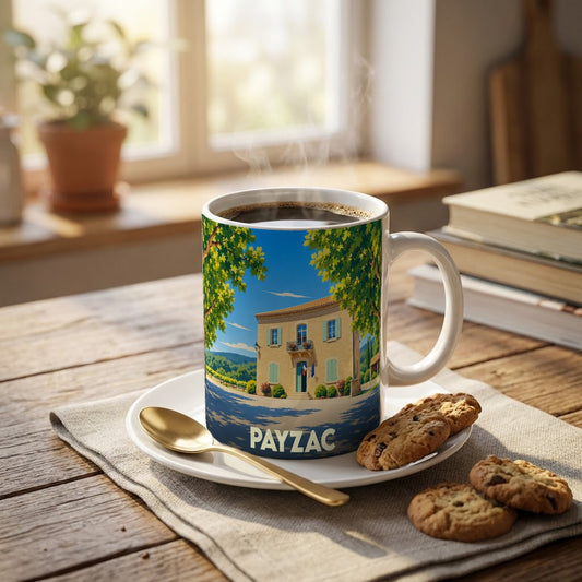 Mug souvenir de la ville de Payzac orné d'une illustration stylisée de sa mairie provençale.