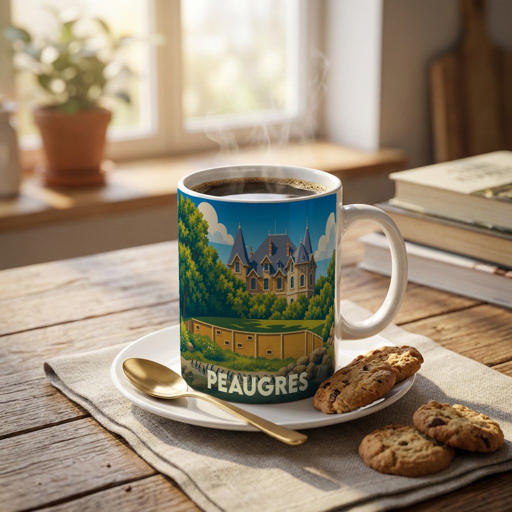 Mug souvenir de la ville de Peaugres avec une illustration stylisée d'un château entouré de verdure.