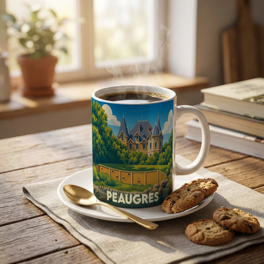 Mug souvenir de la ville de Peaugres avec une illustration stylisée d'un château entouré de verdure.