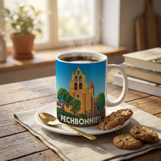 Mug souvenir de la ville de Pechbonnieu arborant une illustration stylisée de son église.