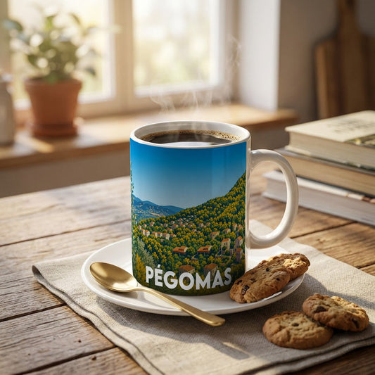 Mug souvenir de la ville de Pégomas avec une illustration panoramique d'un village provençal niché dans des collines fleuries.