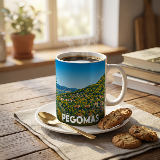 Mug souvenir de la ville de Pégomas avec une illustration panoramique d'un village provençal niché dans des collines fleuries.