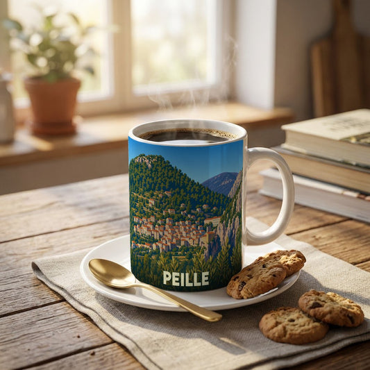 Mug souvenir de la ville de Peille illustré d'un paysage montagneux stylisé.