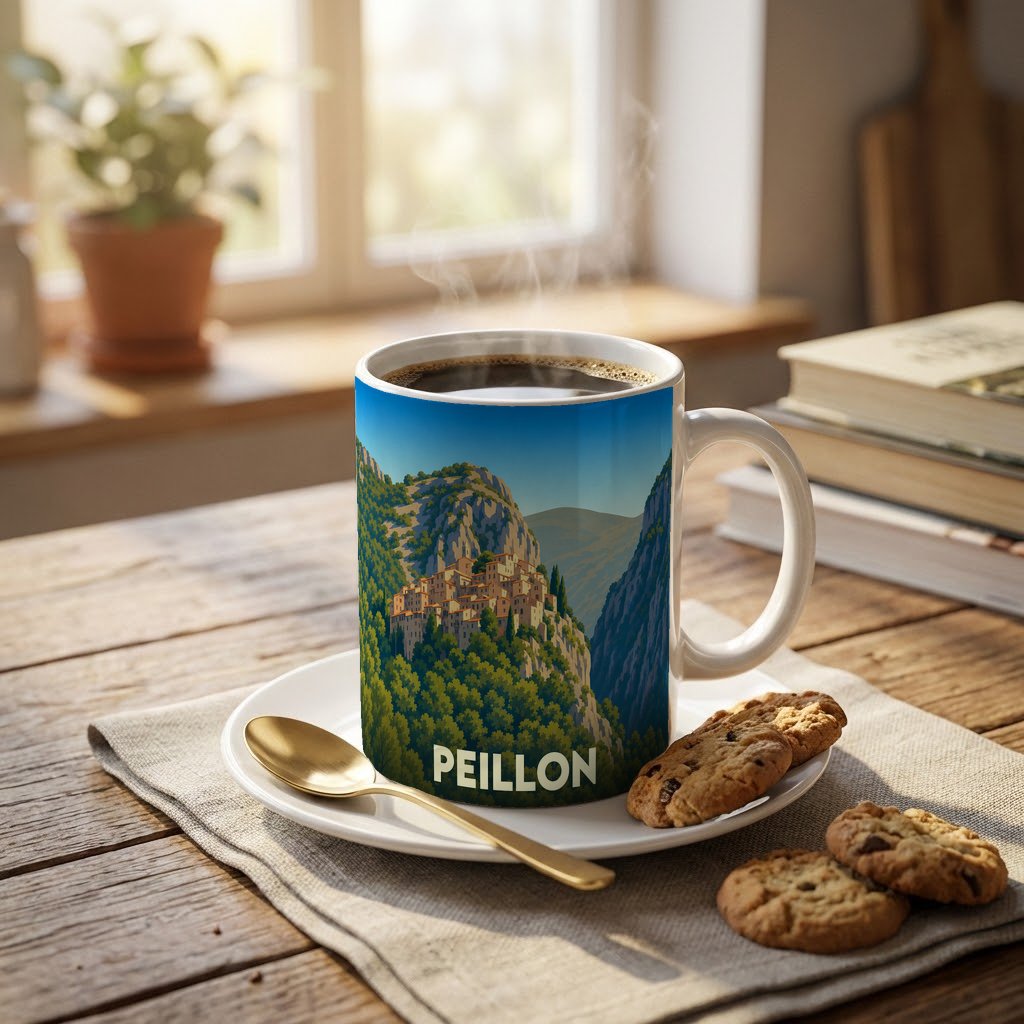 Mug souvenir de la ville de Peillon avec une illustration stylisée de son village perché.
