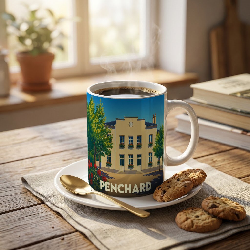 Mug souvenir de la ville de Penchard orné d'une illustration stylisée de sa mairie.