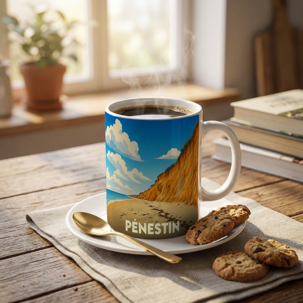 Mug souvenir de la ville de Pénestin illustré par un paysage côtier de falaises dorées et de plage.