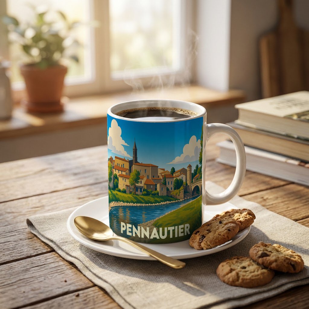 Mug souvenir de la ville de Pennautier avec une illustration stylisée et colorée.