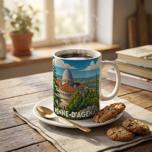 Mug souvenir de la ville de Penne-d'Agenais avec une illustration stylisée de sa basilique.