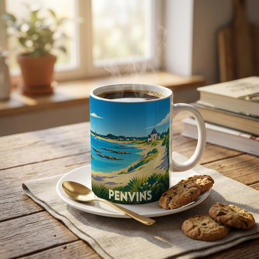 Mug souvenir de la ville de Penvins avec une illustration stylisée de son bord de mer.