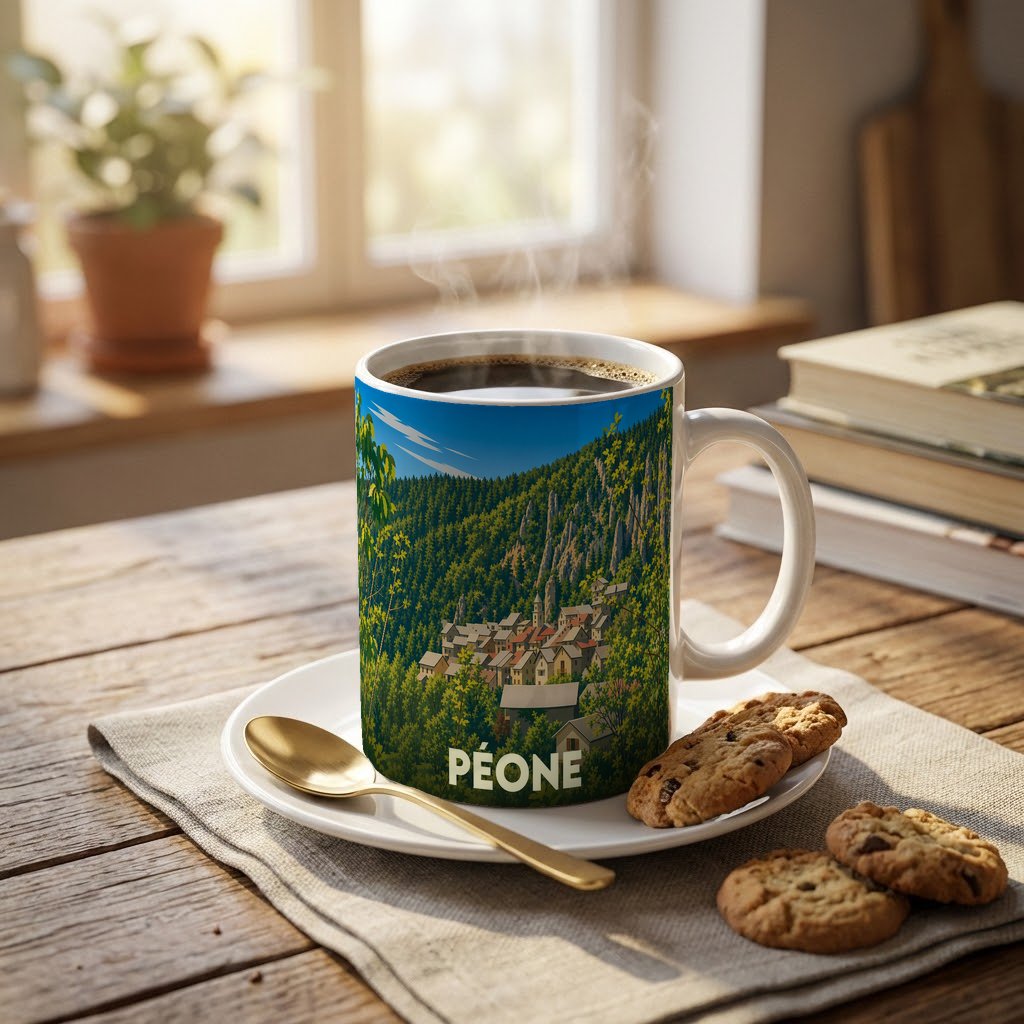 Mug souvenir de la commune de Péone orné d'une illustration de son village niché dans la forêt.