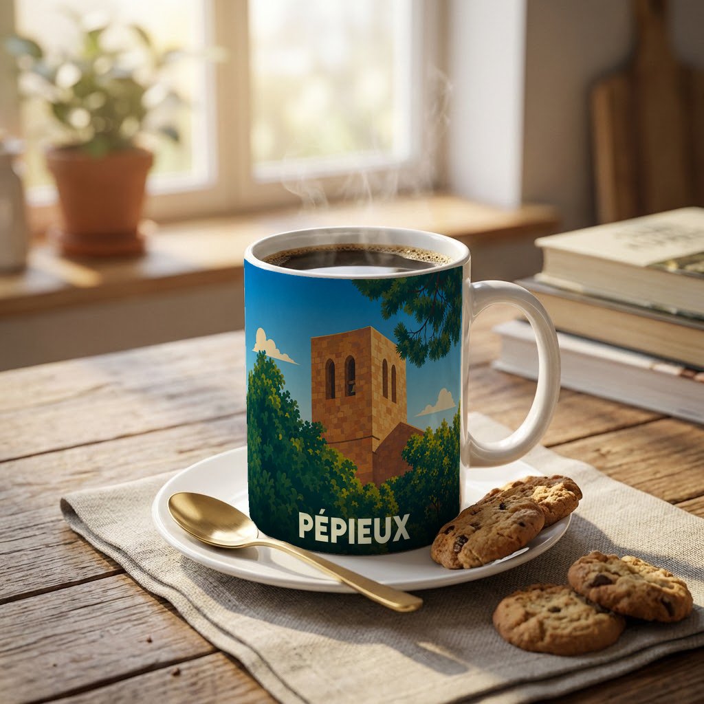 Mug souvenir de la ville de Pépieux avec une illustration stylisée de son église entourée d'arbres.