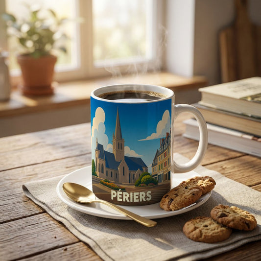 Mug souvenir de la ville de Périers avec une illustration stylisée d'une église et de bâtiments locaux.