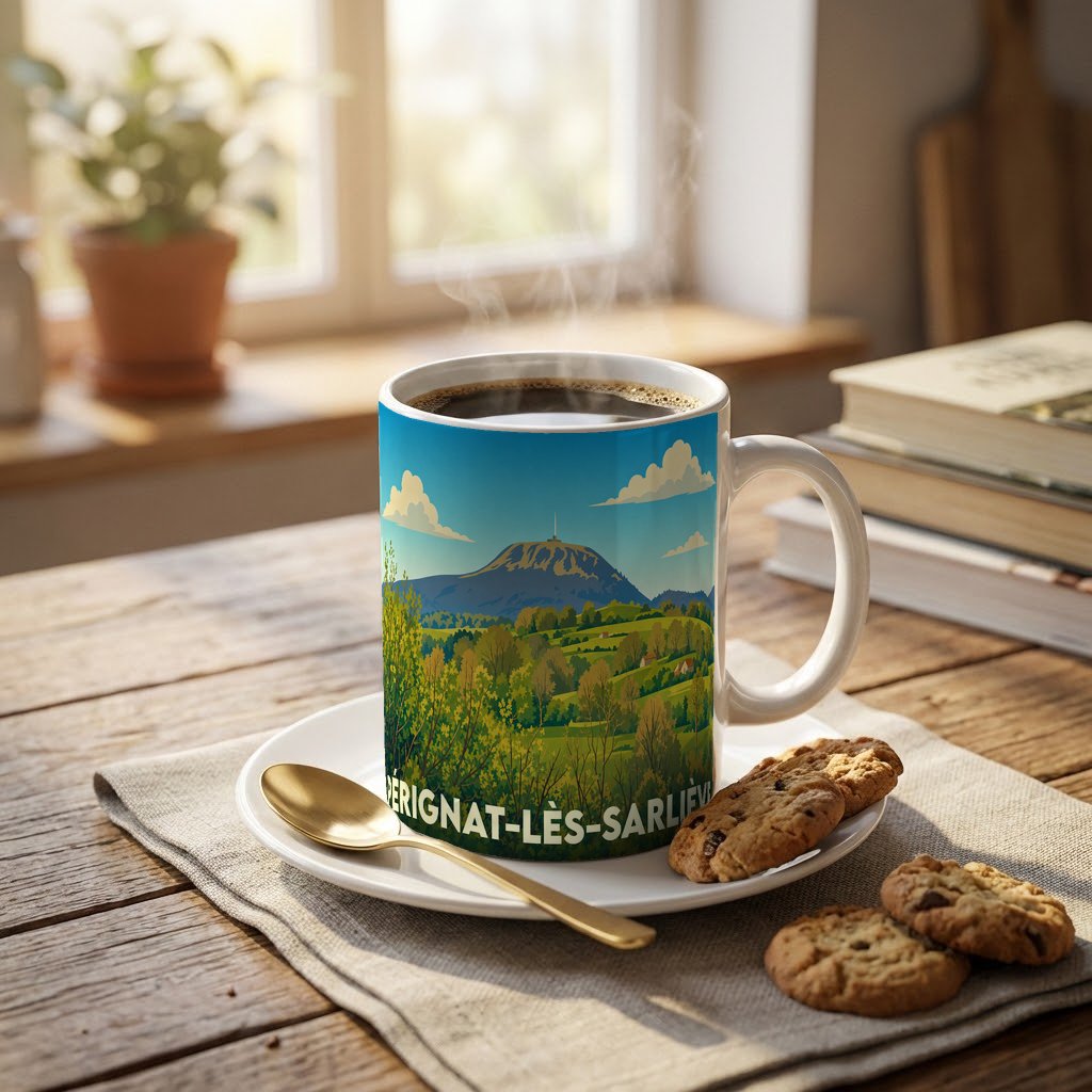 Mug souvenir de la ville de Pérignat-lès-Sarliève avec une illustration stylisée du Puy de Dôme et de la campagne environnante.