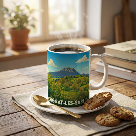 Mug souvenir de la ville de Pérignat-lès-Sarliève avec une illustration stylisée du Puy de Dôme et de la campagne environnante.