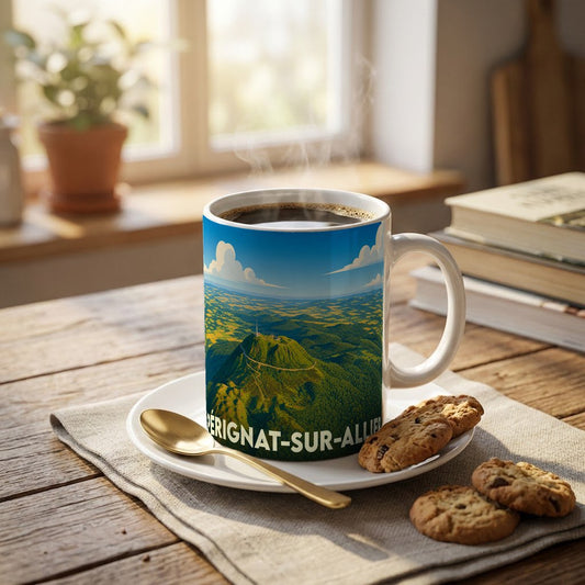Mug souvenir de la ville de Pérignat-sur-Allier orné d'une vue aérienne stylisée du Puy de Dôme.