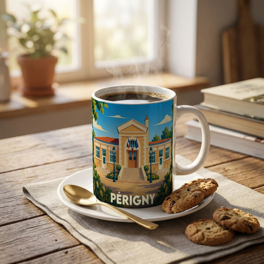 Mug souvenir de la ville de Périgny avec une illustration stylisée de sa mairie.