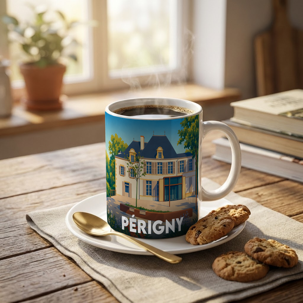 Mug souvenir de la ville de Périgny orné d'une illustration stylisée de son patrimoine architectural.