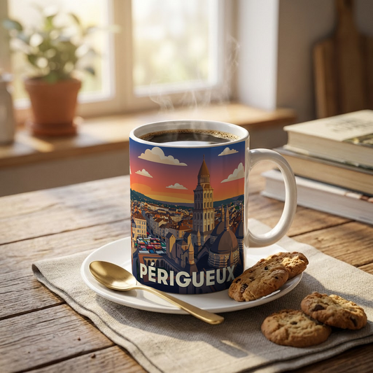 Mug souvenir de la ville de Périgueux avec une illustration stylisée.