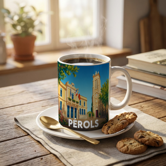 Mug souvenir de la ville de Pérols orné d'une illustration stylisée de sa mairie et de son église.