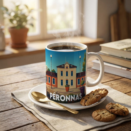 Mug souvenir de la ville de Péronnas avec une illustration stylisée de son hôtel de ville.