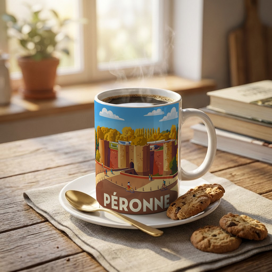 Mug souvenir de la ville de Péronne avec une illustration stylisée.