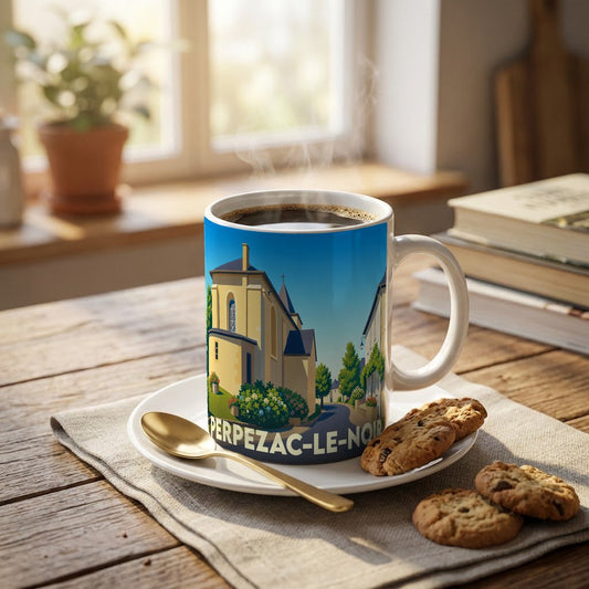 Mug souvenir de la ville de Perpezac-le-Noir avec une illustration stylisée.